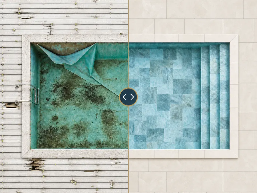 Pool uppifrån, delad bild: sliten liner och trasigt trädäck till vänster, renoverad pool till höger