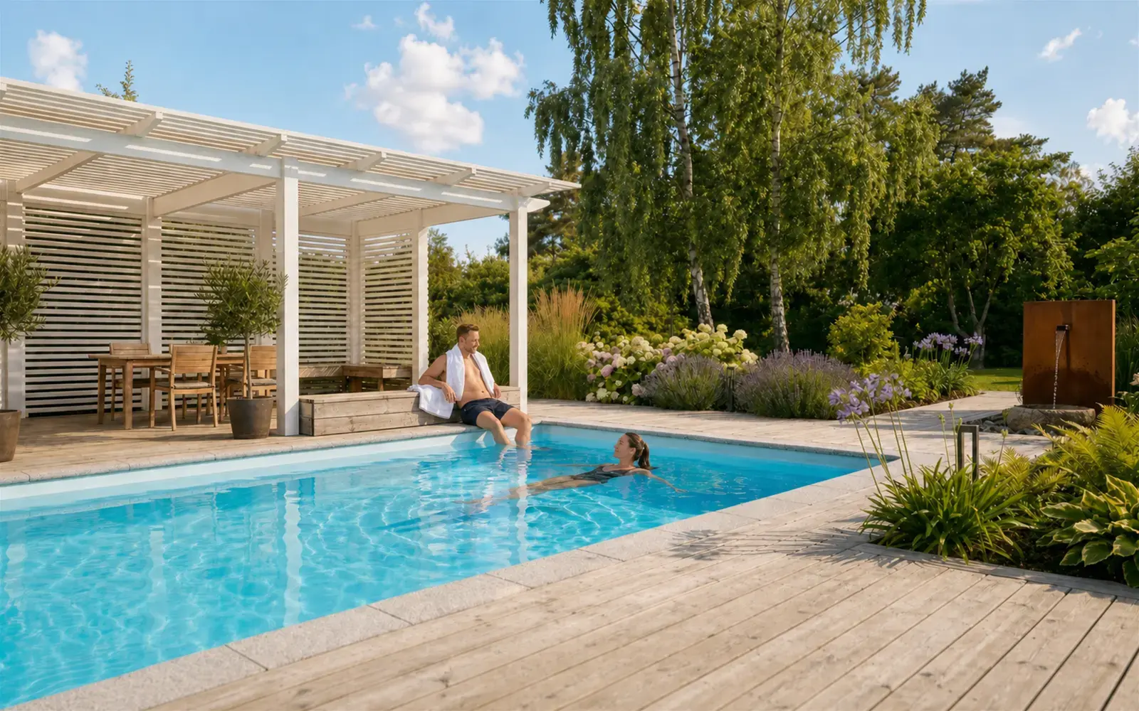 Par som kopplar av vid sin pool under en vit pergola